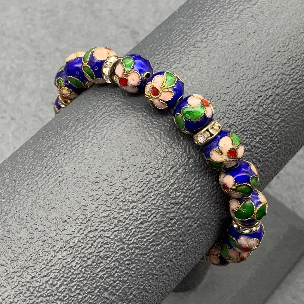Cloisonné Floral Stretch Bracelet Rhinestone Gold Blue Pink Red Green